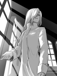  1girl breasts hair_over_one_eye hand_up indoors long_hair long_sidelocks metarogu monochrome narbareck open_hand sidelocks sleeve_cuffs smile solo standing tsukihime tunic window 