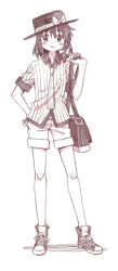  1girl :3 alternate_costume bag black_hat blush_stickers bow brown_bag brown_eyes brown_hair closed_mouth commentary contrast_collar grey_shoes hair_bow hat hat_bow holding holding_bag kannari shirt shoes short_sleeves shorts sleeve_cuffs sneakers solo striped_clothes striped_shirt touhou usami_renko vertical-striped_clothes vertical-striped_shirt white_background white_bow white_shirt white_shorts 