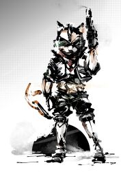  1boy animal_ears cat_ears cat_tail cosplay cyborg fox_mccloud furry furry_male gloves goggles green_eyes gun handgun highres holding holding_gun holding_weapon housequay jacket knee_pads male_focus multiple_tails nekomata pants parody shinkawa_youji_(style) shorts smoke smoking_barrel solo star_fox sunglasses tail two_tails weapon 