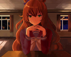  1girl animal_ears bow bowtie breasts brown_hair classroom commentary_request curtains derivative_work desk doki_doki_literature_club ear_bow elbow_rest elbows_on_table green_eyes hair_between_eyes hands_on_own_chin highres horse_ears horse_girl interlocked_fingers just_monika_(meme) long_hair long_sleeves looking_at_viewer maruzensky_(umamusume) meme own_hands_clasped own_hands_together parody purple_sailor_collar purple_shirt rintoshitajii sailor_collar sailor_shirt school_uniform shirt smile solo tracen_school_uniform umamusume white_bow white_bowtie window 