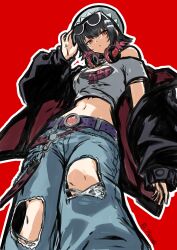  1girl absurdres belt black_hair black_jacket breasts colored_inner_hair crop_top denim ellen_joe eyewear_on_head fashion hand_up hat headphones headphones_around_neck highres jacket jacket_partially_removed jeans long_sleeves midriff multicolored_hair navel open_clothes open_jacket pants re_plicante red_background red_eyes shirt short_hair simple_background single_bare_shoulder solo streetwear sunglasses torn_clothes torn_jeans torn_pants white_shirt zenless_zone_zero 