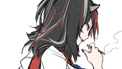  1girl black_hair cigarette commentary_request from_side grey_horns grey_streaks highres holding holding_cigarette horns kawayabug kijin_seija medium_hair multicolored_hair nail_polish parted_lips pink_eyes portrait profile puffy_short_sleeves puffy_sleeves purple_nails red_streaks short_sleeves simple_background small_horns smoke smoking solo streaked_hair touhou white_background 