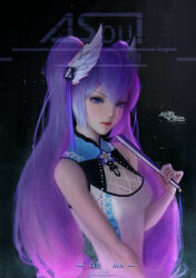  1girl a-soul absurdres ava_(a-soul) blue_eyes breasts character_name chinese_commentary commentary_request copyright_name dress eki_lee feather_hair_ornament feathers folding_fan hair_ornament hand_fan highres holding holding_fan long_hair medium_breasts purple_hair red_lips see-through_clothes signature solo twintails upper_body very_long_hair virtual_youtuber white_dress 