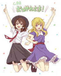  2girls :d back_bow black_hat black_shoes black_skirt black_socks blonde_hair blush bow brown_eyes brown_hair buttons collared_dress collared_shirt comiket_88 commentary_request contrast_collar dress frilled_dress frills hair_bow hat index_finger_raised jumping kannari locked_arms long_hair maribel_hearn mary_janes medium_hair missing_headwear multiple_girls necktie open_mouth purple_dress red_bow red_necktie red_sash sash shirt shirt_tucked_in shoes short_sleeves skirt sleeve_cuffs smile socks sweatdrop touhou translation_request usami_renko violet_eyes white_background white_bow white_shirt white_socks 