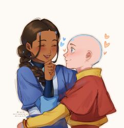  1boy 1girl aang avatar:_the_last_airbender avatar_legends bald black_hair blue_eyes blue_rope braid capelet closed_eyes commentary dark-skinned_female dark_skin english_commentary head_tattoo height_difference hetero highres katara m1rimorinku open_mouth red_capelet rope smile watermark 