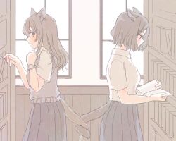  2girls :o animal_ear_fluff animal_ears black_skirt book bookshelf brown_eyes brown_hair cat_ears cat_girl cat_tail commentary_request from_side grey_shirt half-closed_eyes holding holding_book intertwined_tails inutose library limited_palette long_hair looking_at_another looking_back multiple_girls open_book open_mouth original pleated_skirt reading shirt short_hair short_sleeves skirt tail upper_body watch watch white_shirt window window_light yuri 