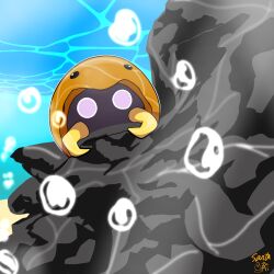  air_bubble animal_focus bubble commentary_request kabuto_(pokemon) no_humans on_rock pokemon pokemon_(creature) pokemon_focus rock santazumi signature underwater 