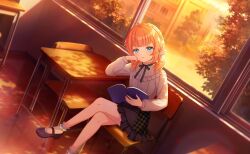  1girl ahoge autumn autumn_leaves black_ribbon black_skirt blue_eyes blunt_bangs bobby_socks book bow burning campfire chair classroom clouds commentary_request crossed_legs desk dusk evening fire fireplace frills game_asset gradient_sky highres holding holding_book indoors leaf letterboxed long_sleeves looking_at_viewer mary_janes motosu_towa non-web_source official_art open_book orange_hair orange_sky orange_theme pillarboxed power_lines red_sky ribbon school_desk self-datamine shirt shoes short_hair sitting skirt sky socks solo sun sunlight sunset tree twilight white_shirt white_socks window world_dai_star yellow_sky 