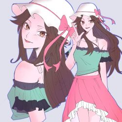  1girl adapted_costume aged_up bare_shoulders black_trim blush bow breasts brown_eyes brown_hair collarbone detached_sleeves from_behind green_shirt hair_intakes hat hat_bow high-low_skirt highres leaf_(pokemon) long_hair looking_back midriff_peek navel osi_kawaiinee petticoat pokemon pokemon_firered_and_leafgreen red_bow red_skirt shirt signature skirt small_breasts smile spaghetti_strap thighs tongue tongue_out white_hat 
