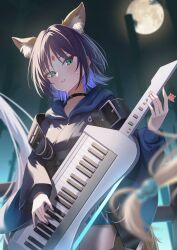  3girls animal_ear_fluff animal_ears blue_hair blue_hoodie blue_kimono blue_nails cho_kaguya-hime! commentary fall_(5754478) forehead_jewel fox_ears fox_girl full_body green_eyes highres holding holding_instrument hood hoodie instrument japanese_clothes kaguya_(cho_kaguya-hime!) keytar kimono mole mole_under_eye multiple_girls nail_polish open_mouth runami_yachiyo sakayori_iroha short_hair solo_focus 