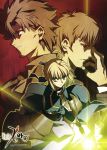  2boys absurdres ahoge armor back-to-back blonde_hair brown_hair emiya_kiritsugu fate/stay_night fate/zero fate_(series) gloves green_eyes highres kotomine_kirei multiple_boys saber short_hair sword takeuchi_takashi weapon 