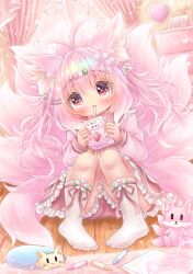  1girl :3 absurdres ahoge animal_ear_fluff animal_ears blush child's_drawing commentary_request crayon curtains drinking drinking_straw feet flower fox_ears fox_girl fox_tail hair_flower hair_ornament hairclip highres hyakumensou_ms_rs4-x juice_carton long_hair looking_at_viewer multiple_tails original paper pink_eyes pink_hair pink_shirt pink_skirt shirt sitting skirt smile socks solo tail toes white_socks window 