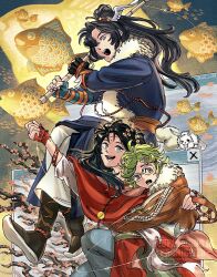  1boy 2girls :d :o animal_lantern black_boots black_gloves blue_eyes blue_pants blue_robe boots branch brown_eyes brown_jacket cheng_heguang chinese_clothes facial_mark fishing_rod flower forehead_mark full_body gloves green_hair hanfu highres holding holding_fishing_rod i_(220_i_284) jacket long_hair master_ren_(reverse:1999) multiple_girls pants paper_heron ponytail red_flower red_hanfu reed_(reverse:1999) reverse:1999 robe rod single_glove smile upper_body window_(computing) 