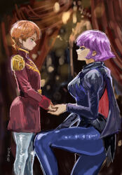  2025 2girls age_difference belt blue_eyes blurry blurry_background bob_cut capelet child commentary_request dated epaulettes green_eyes gundam haman_karn highres holding_hands kneeling looking_at_another military_rank_insignia military_uniform mineva_lao_zabi multiple_girls neo_zeon okrdisk2000 orange_hair palace purple_hair scene_reference science_fiction signature zeta_gundam zeta_gundam_define 