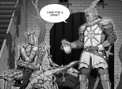  armor breastplate dark_souls_(series) dark_souls_i english_text estus_flask full_armor gauntlets helm helmet highres holding knight knight_lautrec_of_carim male_focus menaslg multiple_boys pauldrons plume praise_the_sun shotel shoulder_armor solaire_of_astora speech_bubble sword tabard weapon 