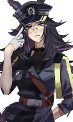  1girl animal_ears black_hair black_jacket black_shirt breasts commentary_request ears_through_headwear fenomeno_(black_flames_of_the_righteous_spirit)_(umamusume) fenomeno_(umamusume) flipped_hair glasses gloves harness hat highres horse_ears horse_girl horseshoe_hat_ornament horseshoe_ornament jacket kago1zq long_hair long_sleeves looking_at_viewer multicolored_hair parted_lips peaked_cap purple_hair shirt simple_background umamusume violet_eyes white_background white_gloves 