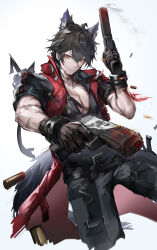  1boy absurdres animal_ear_fluff animal_ears arknights arknights:_endfield black_hair black_pants brown_gloves bullet closed_mouth coat commentary cropped_legs dog_tags dual_wielding extra_ears gloves gun handgun highres holding holding_gun holding_weapon looking_at_viewer male_focus orange_eyes pants pectorals red_coat scar scar_on_arm short_hair solo tail weapon wolf_boy wolf_ears wolf_tail wulfgard_(arknights) xun_li_eins 