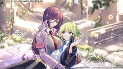  2girls ahoge amano_soraha armband assault_lily black_jacket black_thighhighs blonde_hair blue_armband blue_eyes blue_necktie breasts broken closed_mouth collared_shirt column commentary_request copyright_notice covered_collarbone day eye_contact fingerless_gloves flower gloves green_eyes grey_shirt hair_between_eyes hair_ornament hand_on_another's_head hand_up high_collar jacket large_breasts light_rays long_bangs long_hair long_skirt looking_at_another looking_up low_ponytail macchoko maki_wakana multiple_girls necktie official_alternate_costume official_art on_ground open_clothes open_jacket outdoors overgrown parted_lips pillar pink_armband pink_gloves pink_jacket pink_skirt ponytail purple_hair red_necktie shirt short_necktie sitting sitting_on_lap sitting_on_person skirt smile sunbeam sunlight thigh-highs very_long_hair white_flower white_shirt x_hair_ornament yuri 