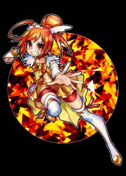  1girl black_background bow choker commentary_request cure_sunny english_commentary grin hair_bun hino_akane_(precure) magical_girl mixed-language_commentary orange_bow orange_choker orange_eyes orange_hair precure red_ribbon ribbon senmu_(0107) simple_background smile smile_precure! solo two-tone_bow 