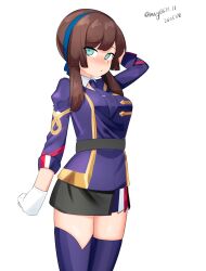  1girl absurdres arm_up belt black_skirt blue_eyes blue_hairband blunt_bangs blush breasts brown_hair commentary_request cowboy_shot dated detached_collar freckles from_side gloves hairband highres kantai_collection long_sleeves looking_at_viewer maru_(marg0613) medium_breasts mogador_(kancolle) necktie one-hour_drawing_challenge parted_bangs pout purple_necktie purple_shirt purple_thighhighs shirt short_hair_with_long_locks sidelocks simple_background skirt solo standing thigh-highs twitter_username white_background white_gloves 