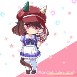  1girl animal_ears brown_hair brown_tail character_name chibi chibi_only closed_mouth commentary ear_covers full_body hand_puppet hat horse_ears horse_girl horse_tail horseshoe_background kotoramaru looking_at_viewer marche_lorraine_(umamusume) multicolored_hair pink_eyes pleated_skirt puppet red_hat school_uniform short_hair skirt smile solo standing star_(symbol) star_symbol_background streaked_hair tail thigh-highs tracen_school_uniform umamusume white_hair white_skirt white_thighhighs 