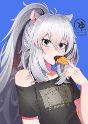  1girl absurdres animal_ears blue_background blue_eyes bra_strap byte-artist cheese_print chocolate clauvio_(vtuber) cookie food food_print grey_hair hair_between_eyes highres indie_virtual_youtuber long_hair looking_at_viewer mouse_ears mouse_girl ponytail shirt virtual_youtuber 