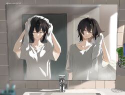  2girls amakura_mayu amakura_mio arm_at_side arms_up bathroom black_hair blurry blurry_foreground closed_eyes closed_mouth collarbone commentary cup dated door drying drying_hair drying_own_hair fatal_frame fatal_frame_ii:_crimson_butterfly faucet flwct hair_between_eyes hand_up hickey highres holding holding_towel incest indoors looking_at_another looking_to_the_side mirror multiple_girls reflection reflection_focus shampoo_bottle shirt short_hair short_sleeves siblings sideways_glance sink sisters toothbrush towel twincest twins twitter_username upper_body wet white_shirt wide_sleeves yuri 