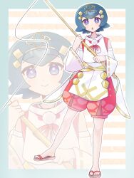  1girl :> :o bare_shoulders blue_border blue_eyes blue_hair border bow bright_pupils detached_sleeves fishing_rod full_body gold_headwear gold_trim highres holding holding_fishing_rod lana_(new_year's_2026)_(pokemon) lana_(pokemon) looking_at_viewer multiple_views nendo_0603 official_alternate_costume open_mouth pokemon pokemon_masters_ex pokemon_sun_and_moon red_bow red_shorts sandals short_hair shorts simple_background solo standing striped_background tailcoat white_pupils white_sleeves yellow_background 