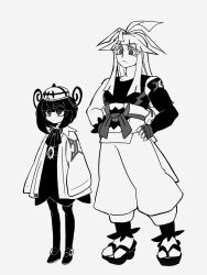  1boy 1girl bare_shoulders belt black_dress black_pantyhose blunt_bangs bow bowtie brother_and_sister coat crown dress fingerless_gloves full_body gloves gwynn_(pokemon) hands_on_own_hips highres ivor_(pokemon) long_hair looking_at_viewer mole mole_under_mouth monochrome o-ring o-ring_belt open_clothes open_coat pantyhose pokemon pokemon_legends:_z-a sandals siblings simple_background standing white_background yametene50 