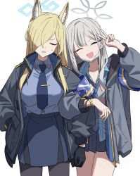  2girls :d animal_ear_fluff animal_ears armband blonde_hair blue_archive blue_armband blue_halo blue_shirt dog_ears dog_girl extra_ears floral_print_shirt gloves grey_hair grey_halo hair_over_one_eye halo hawaiian_shirt jacket kanna_(blue_archive) konoka_(blue_archive) long_hair mask mchonmchon mouth_mask multiple_girls necktie open_mouth police police_uniform policewoman purple_armband shirt simple_background smile surgical_mask v white_background white_mask 