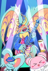  >_< alternate_costume antlers blue_eyes blue_hat blush_stickers colored_sclera elfilin fecto_elfilis glowstick guitar hat highres holding holding_glowstick holding_guitar holding_instrument horns instrument kirby kirby_(series) kirby_30th_anniversary_music_festival kirby_and_the_forgotten_land multicolored_eyes notched_ear purple_sclera signature two-tone_eyes violet_eyes wakashi_(sanntappe) 