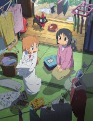 2girls absurdres anime_coloring artist_request bag_of_chips bandana black_cat black_eyes black_hair blonde_hair blue_eyes bowl cat closed_mouth clothes_hanger clothes_iron clothesline crayon daruma_doll drawing_(object) folded_clothes hands_on_lap highres holding holding_unworn_clothes indoors lab_coat laundry laundry_basket long_hair long_sleeves looking_at_another looking_back mogura_(nichijou) multiple_girls nichijou no_nose obake_(nichijou) official_art open_mouth oversized_clothes pet_bowl pet_food pink_sweater professor_shinonome puddle rain red_bandana sakamoto_(nichijou) seiza shinonome_nano short_hair sitting sketchbook smile standing sweater tatami teruterubouzu third-party_source winding_key wooden_floor 