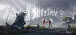  1boy aaron_(pokemon) aggron asteroid_ill backpack bag black_hair black_pants blue_boots boots commentary croagunk hair_between_eyes highres holding_hands hood hood_up jacket larvitar mareep pants pokemon pokemon_(creature) red_jacket ruins scenery scizor swellow 