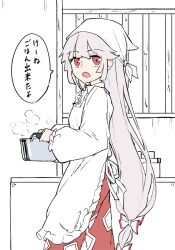  1girl apron bow commentary_request cooking_pot deetamu fujiwara_no_mokou grey_hair hair_bow headscarf highres holding holding_cooking_pot indoors kappougi long_hair long_sleeves looking_at_viewer ofuda ofuda_on_clothes open_mouth pants red_eyes red_pants shirt solo speech_bubble touhou translation_request very_long_hair white_headscarf white_shirt 