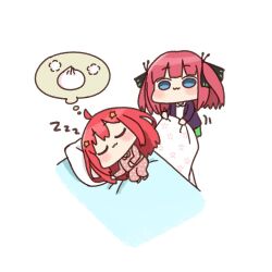  2girls :3 akino_ell bed_sheet black_ribbon blue_eyes blush chibi closed_eyes closed_mouth collared_shirt commentary_request covering_with_blanket go-toubun_no_hanayome green_skirt hair_ribbon jacket motion_lines multiple_girls nakano_itsuki nakano_nino open_clothes open_jacket pajamas pants pillow pink_pajamas pink_pants pink_shirt polka_dot polka_dot_pajamas polka_dot_pants polka_dot_shirt purple_hair purple_jacket ribbon shirt skirt spoken_food two_side_up white_background white_shirt zzz 