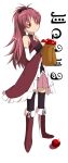  apple bad_id bag boots bow dress food fruit hair_bow highres hiragi_rin long_hair madoka_runes magical_girl mahou_shoujo_madoka_magica ponytail red_eyes red_hair redhead sakura_kyouko skirt smile solo thigh-highs thighhighs wristband 