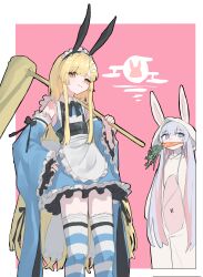  2girls absurdres alice's_adventures_in_wonderland alice_(alice_in_wonderland) alice_(alice_in_wonderland)_(cosplay) animal_ears apron blonde_hair blue_eyes brown_eyes carrot chinese_commentary cho_kaguya-hime! commentary_request cosplay crescent crescent_hair_ornament detached_sleeves fake_animal_ears grey_hair hair_ornament highres holding holding_mallet kaguya_(cho_kaguya-hime!) long_hair looking_at_viewer mallet mouth_hold multicolored_hair multiple_girls onesie pink_background pink_hair rabbit_ears runami_yachiyo sasa_fune streaked_hair very_long_hair white_apron white_rabbit_(alice_in_wonderland) white_rabbit_(alice_in_wonderland)_(cosplay) zettai_ryouiki 