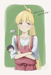 2girls ahoge apron blonde_hair brown_eyes chibi chibi_inset cho_kaguya-hime! closed_mouth commentary highres holding holding_ladle kaguya_(cho_kaguya-hime!) ladle long_hair multiple_girls pink_apron ponytail sakayori_iroha shirt sidelocks siusiuvan translation_request white_shirt 
