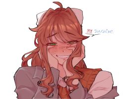  1girl ahoge blazer blush bow bright_pupils brown_hair collared_shirt doki_doki_literature_club english_commentary english_text eyes_visible_through_hair freckles green_eyes grey_jacket grin hair_bow hair_intakes hair_over_eyes half-closed_eyes hands_on_own_face hands_up heart heart-shaped_pupils high_ponytail highres jacket jacket_partially_removed long_sidelocks long_sleeves looking_at_viewer monika_(doki_doki_literature_club) nose_blush open_mouth orange_sweater_vest pockiseisont ponytail portrait raised_inner_eyebrows shirt sidelocks simple_background single_off_shoulder smile solo spoken_heart straight-on sweater_vest symbol-shaped_pupils white_background white_bow white_pupils white_shirt yandere yandere_trance 