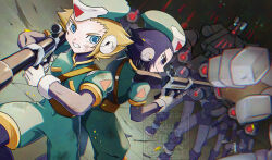 2girls black_eyes black_hair blonde_hair blue_eyes green_hat green_jacket green_pants gun hat highres holding holding_gun holding_weapon humanoid_robot jacket mega_man_(series) mega_man_zero_(series) multiple_girls pantheon_(mega_man) pants pisuke_(zenmai_jikake) rifle robot robot_ears weapon 