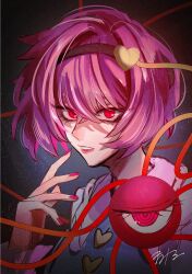 1girl blouse blue_shirt buttons commentary disembodied_linked_eye eyeball fingernails frilled_shirt_collar frilled_sleeves frills hair_ornament hairband heart heart_button heart_hair_ornament heart_of_string highres komeiji_satori mamiru_(42105269) one-hour_drawing_challenge parted_lips pink_hair pink_nails pink_skirt portrait red_eyes ribbon-trimmed_collar ribbon_trim shirt short_hair signature skirt solo touhou tsurime 