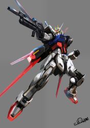  absurdres aile_strike_gundam aiming beam_rifle clenched_hand commentary_request energy_gun eye_trail full_body grey_background gun gundam gundam_seed highres holding holding_gun holding_weapon light_trail magmastudio mecha mecha_focus mobile_suit no_humans outstretched_arm robot science_fiction signature simple_background solo strike_gundam v-fin weapon yellow_eyes 