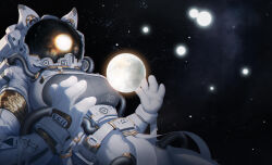  1girl absurdres animal_ears astronaut breasts chromatic_aberration commentary eki_lee fake_animal_ears film_grain helmet highres large_breasts orb original solo space space_helmet upper_body 