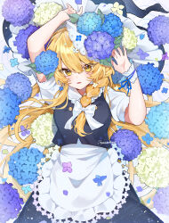  1girl absurdres apron black_hat black_skirt black_vest blonde_hair blue_flower bow braid commentary flower hair_bow hair_spread_out hat highres hydrangea kirisame_marisa long_hair looking_at_viewer lying on_back open_mouth puffy_short_sleeves puffy_sleeves purple_flower samon_(vxxr8575) short_sleeves side_braid single_braid skirt smile solo touhou twitter_username very_long_hair vest waist_apron white_apron white_bow witch_hat yellow_eyes 