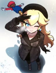  1boy 1girl arm_up black_boots black_coat black_hat blonde_hair blue_eyes blue_overalls boots coat earrings gloves hat highres jewelry looking_at_viewer mario muis0802 official_alternate_costume one_eye_closed outdoors overalls princess_peach princess_peach_(wintertime) red_hat red_shirt shirt snow sphere_earrings super_mario_bros. super_mario_odyssey white_gloves 