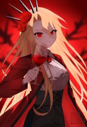  1girl alcohol ascot black_pants blonde_hair breasts closed_mouth coat collared_shirt commentary cup don_quixote_(project_moon) drinking_glass flower highres holding holding_cup kalmia001 light_smile limbus_company long_hair long_sidelocks medium_breasts pants project_moon red_background red_coat red_eyes red_flower red_rose red_theme red_wine rose sancho_(project_moon) shirt sidelocks solo very_long_hair white_ascot white_shirt wine wine_glass 