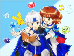  1boy 1girl arle_nadja armor belt black_belt black_cape black_gloves blue_armor blue_cape blue_eyes blue_headband blue_jacket blue_skirt book brown_hair cape carbuncle_(puyopuyo) chest_guard commentary_request corset creature curtained_hair fingerless_gloves fukatsuki_mizuki gloves grey_hair hand_on_another's_shoulder hands_up headband heart highres holding holding_book jacket looking_at_another open_mouth orange_eyes pleated_skirt ponytail puyo_(puyopuyo) puyopuyo schezo_wegey shoulder_armor signature sitting skirt small_sweatdrop standing traditional_media two-sided_cape two-sided_fabric white_corset 