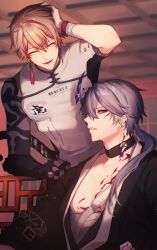  2boys absurdres arm_up black_choker black_kimono black_sclera camu:_crocotta_(yaksha_undertow)_(pgr) camu_(pgr) choker collarbone colored_sclera commentary_request earrings grey_hair hair_between_eyes hair_ornament highres horns indoors japanese_clothes jewelry kamui:_tenebrion_(tiger_imperium)_(pgr) kamui_(pgr) kimono lattice long_hair looking_at_another m6_f male_focus midriff_sarashi mismatched_sclera multiple_boys orange_hair parted_lips pectorals punishing:_gray_raven sarashi short_hair single_horn sitting smile standing tail tassel tassel_hair_ornament tiger_tail violet_eyes 