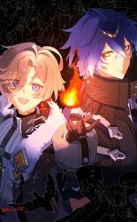  2boys :d absurdres ahoge black_background black_capelet black_coat black_gloves blue_eyes blue_hair capelet coat collared_capelet commentary_request crossed_bangs earrings fire flins_(genshin_impact) fur-trimmed_coat fur-trimmed_sleeves fur_trim gem genshin_impact gloves glowing gradient_hair grey_hair hair_between_eyes hair_intakes highres illuga_(genshin_impact) jewelry long_hair long_sleeves looking_at_viewer male_focus mole mole_under_eye multicolored_coat multicolored_hair multiple_boys open_clothes open_coat parted_lips purple_gem purple_shirt red_hair scar scar_on_neck shiino_715 shirt single_earring sleeve_cuffs sleeveless sleeveless_turtleneck smile sweater turtleneck turtleneck_sweater two-tone_hair upper_body yellow_eyes 