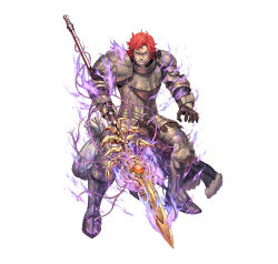  1boy absurdres armor black_gloves boots clenched_teeth commentary_request corruption fire_emblem fire_emblem:_three_houses fire_emblem_heroes fur_trim gloves highres holding holding_polearm holding_weapon izuka_daisuke lance lance_of_ruin looking_at_viewer male_focus miklan_anschutz_gautier official_art open_mouth polearm purple_aura red_hair scar scar_on_face second-party_source simple_background solo teeth weapon white_background 